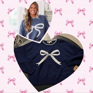 NWT Elegant Navy Sweater with White Bow